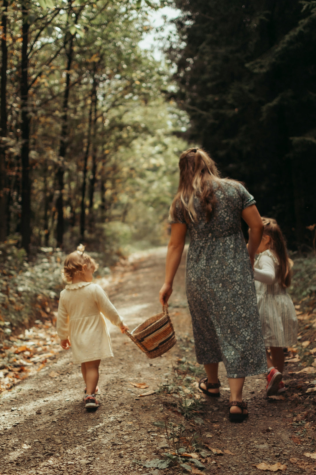 a person and two children walking on a path in the woods
